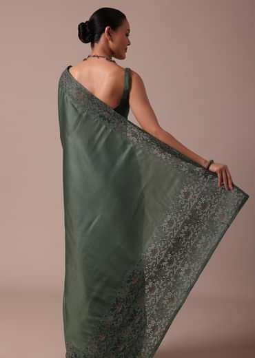 Moss Green Tussar Saree With Unstitched Blouse
