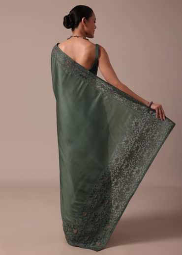 Moss Green Tussar Saree With Unstitched Blouse