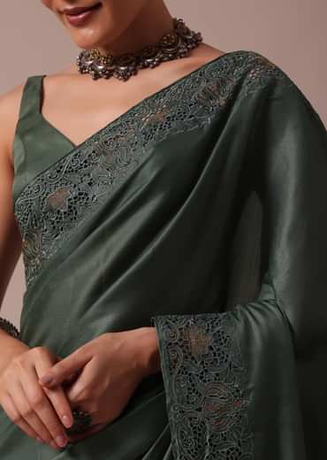 Moss Green Tussar Saree With Unstitched Blouse