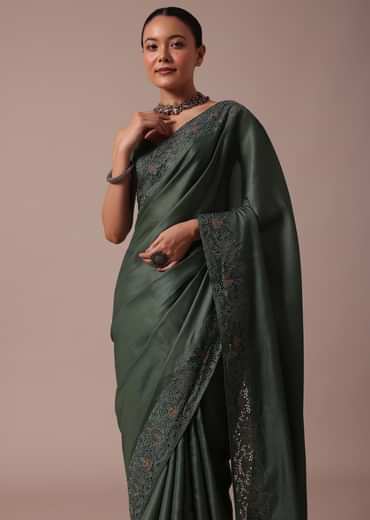 Moss Green Tussar Saree With Unstitched Blouse