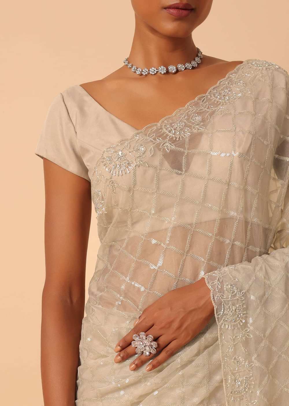 Mouse Grey Sequin Saree In Organza With Cutdana Work And Unstitched Blouse Piece