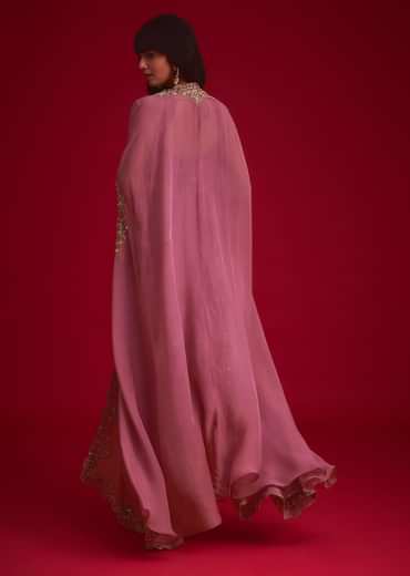 Mulberry Pink Embroidered Croptop And Draped Skirt With Organza Jacket