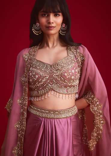 Mulberry Pink Embroidered Croptop And Draped Skirt With Organza Jacket