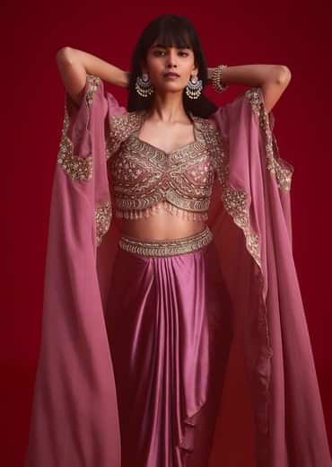 Mulberry Pink Embroidered Croptop And Draped Skirt With Organza Jacket