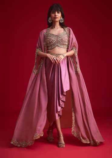 Mulberry Pink Embroidered Croptop And Draped Skirt With Organza Jacket