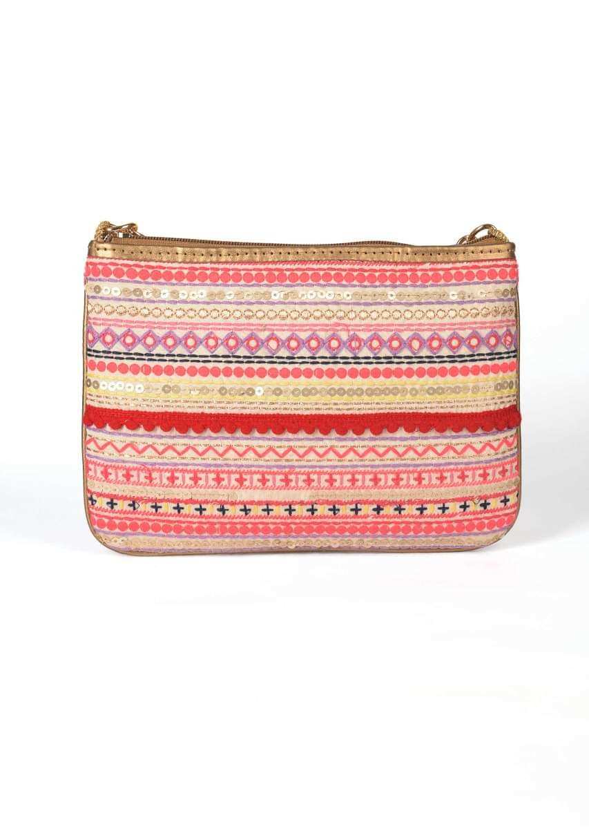 Multi Color Clutch In Silk With Tribal Embroidery Work In Stripe Pattern Online - Kalki Fashion