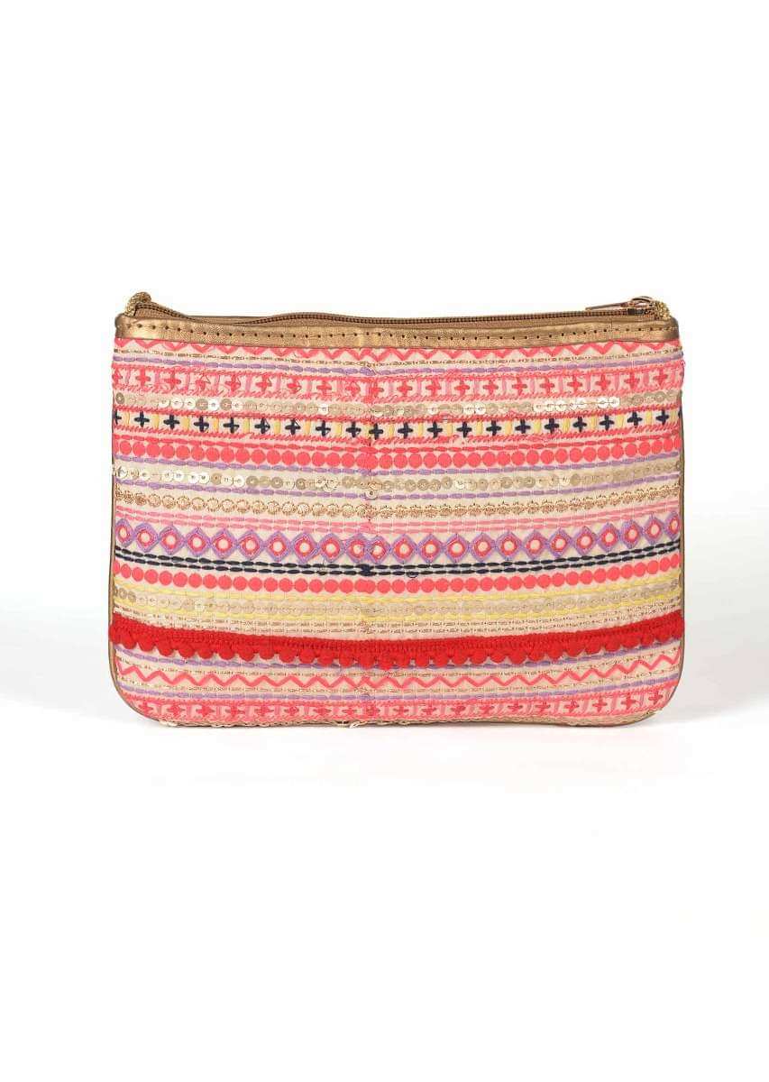 Multi Color Clutch In Silk With Tribal Embroidery Work In Stripe Pattern Online - Kalki Fashion