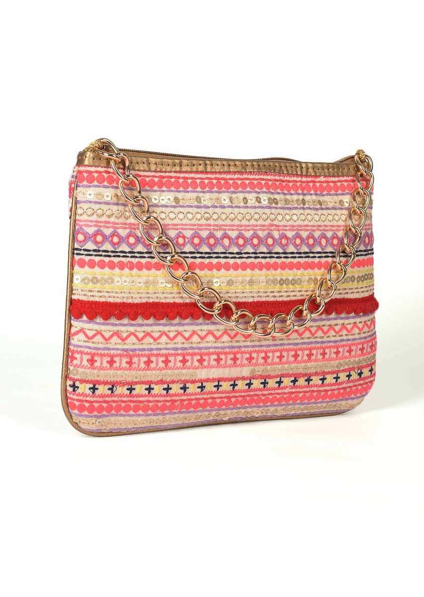 Multi Color Clutch In Silk With Tribal Embroidery Work In Stripe Pattern Online - Kalki Fashion