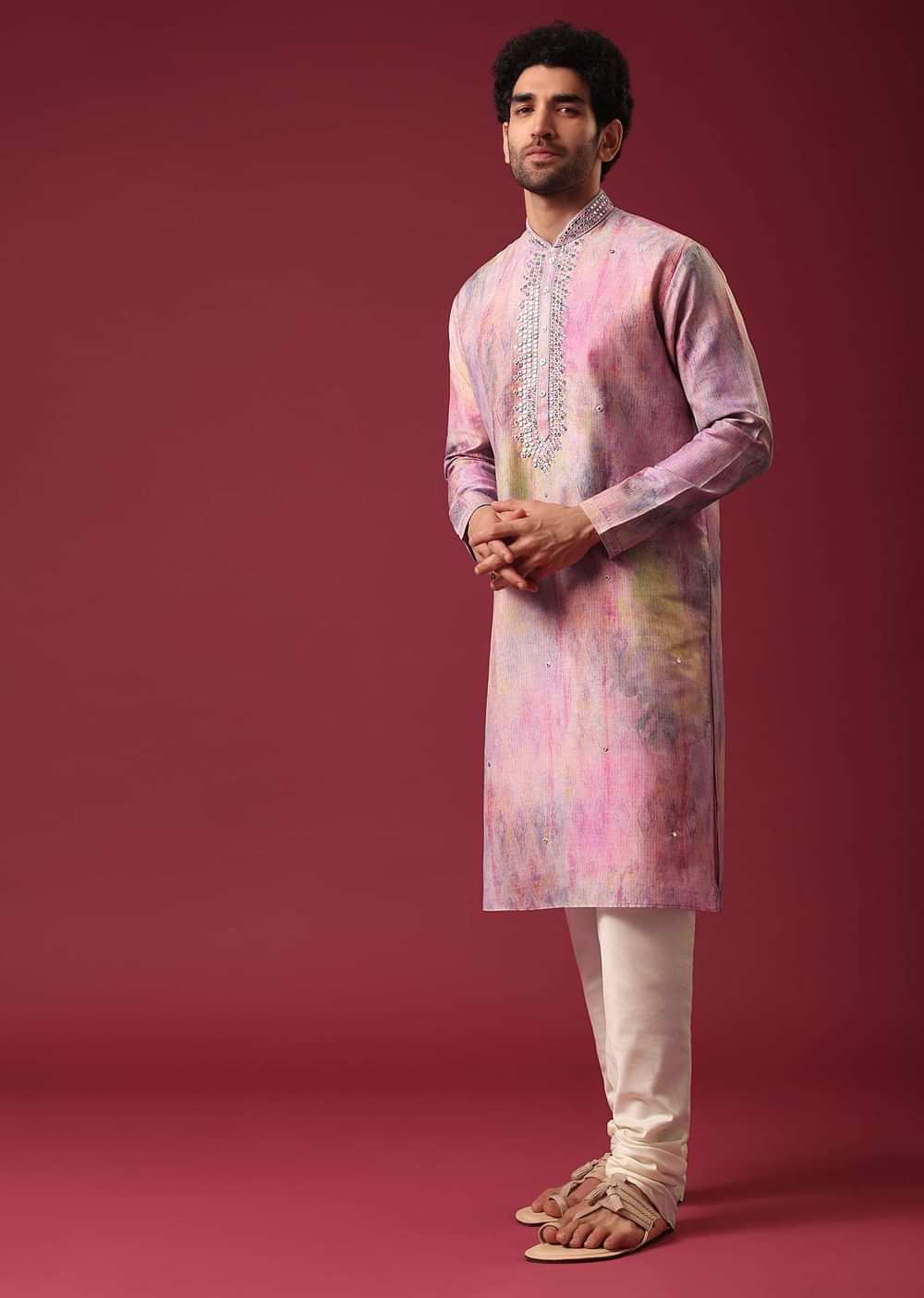 Multi Color Kurta Set In Silk with Mirror Work