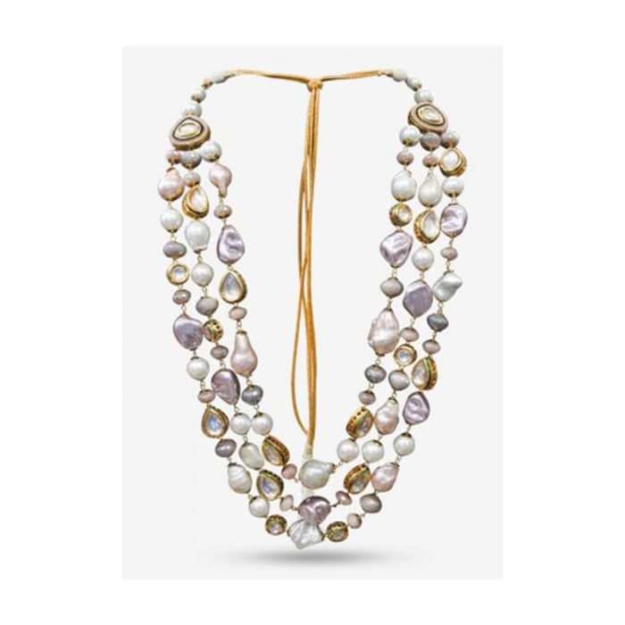 Multi Color Layered Necklace With Pastel Tone Pearls And Kundan That Come Set With Delicate Crystals By Prerto