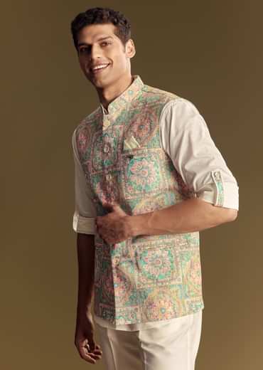 Multi Color Linen Jacket Kurta Set Featuring Kantha Detailing