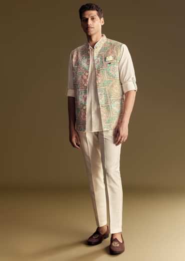 Multi Color Linen Jacket Kurta Set Featuring Kantha Detailing