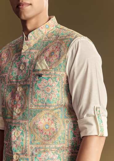 Multi Color Linen Jacket Kurta Set Featuring Kantha Detailing