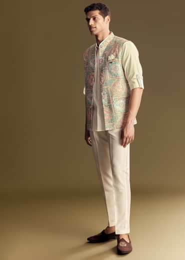 Multi Color Linen Jacket Kurta Set Featuring Kantha Detailing