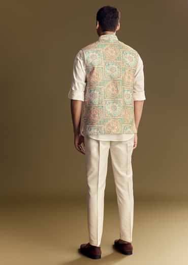 Multi Color Linen Jacket Kurta Set Featuring Kantha Detailing