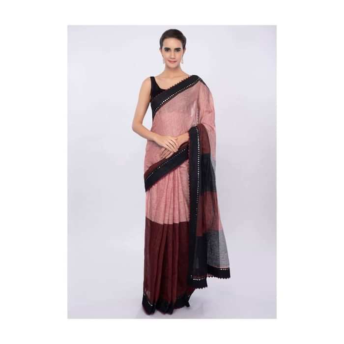 Multi color linen saree with contrasting black border in mirror embroidery only on Kalki