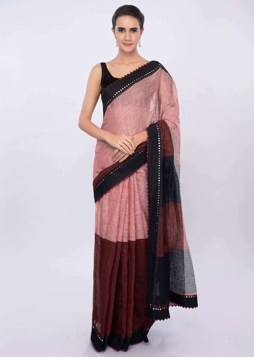 Multi color linen saree with contrasting black border in mirror embroidery only on Kalki
