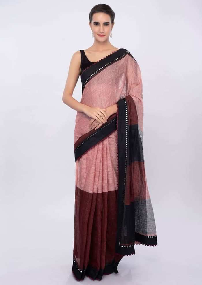 Multi color linen saree with contrasting black border in mirror embroidery only on Kalki