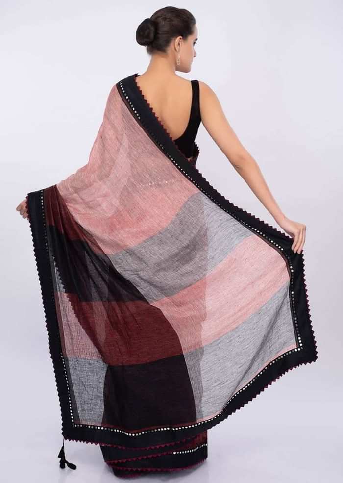 Multi color linen saree with contrasting black border in mirror embroidery only on Kalki