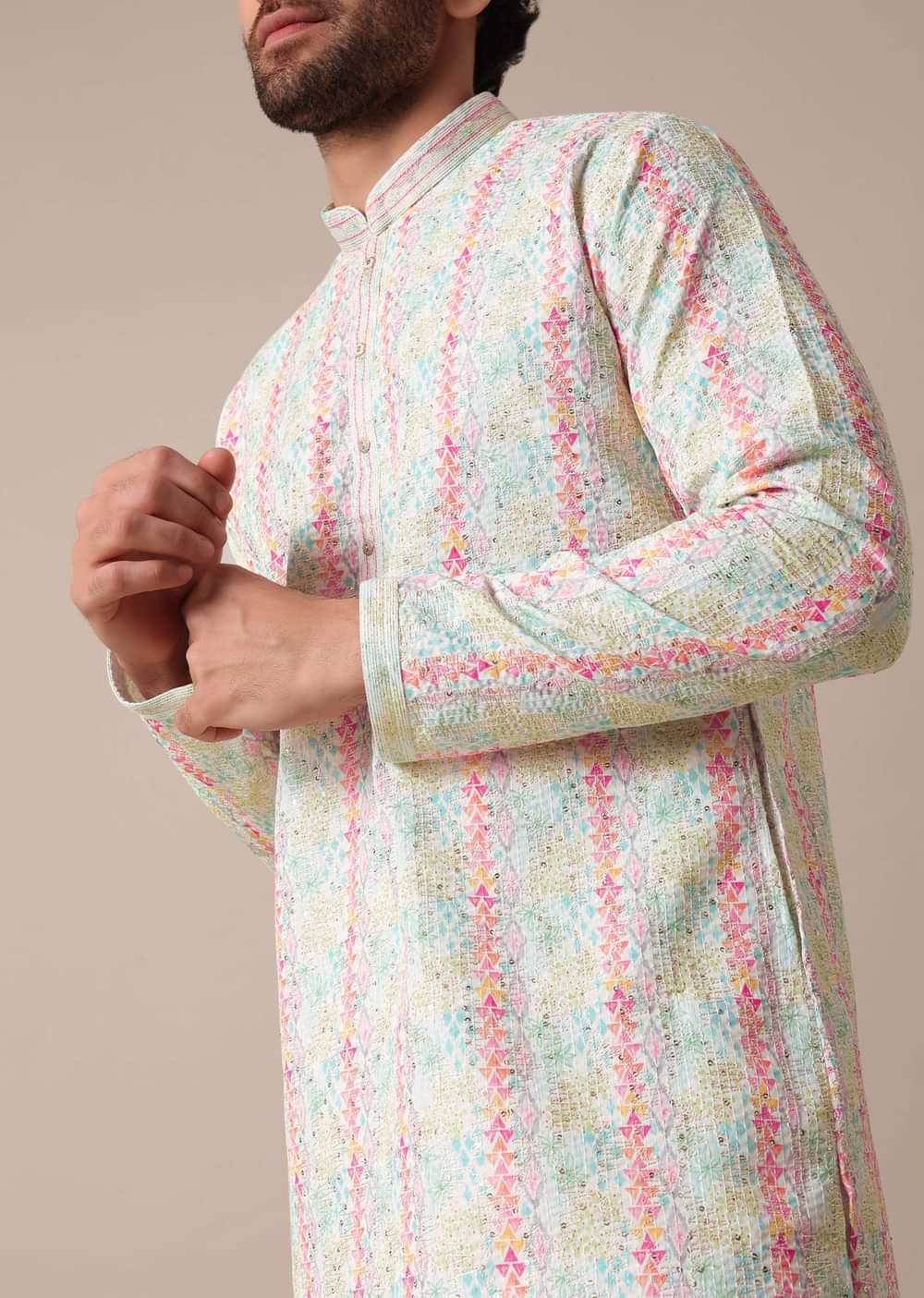 Multi-Colored Silk Kurta Set For Men
