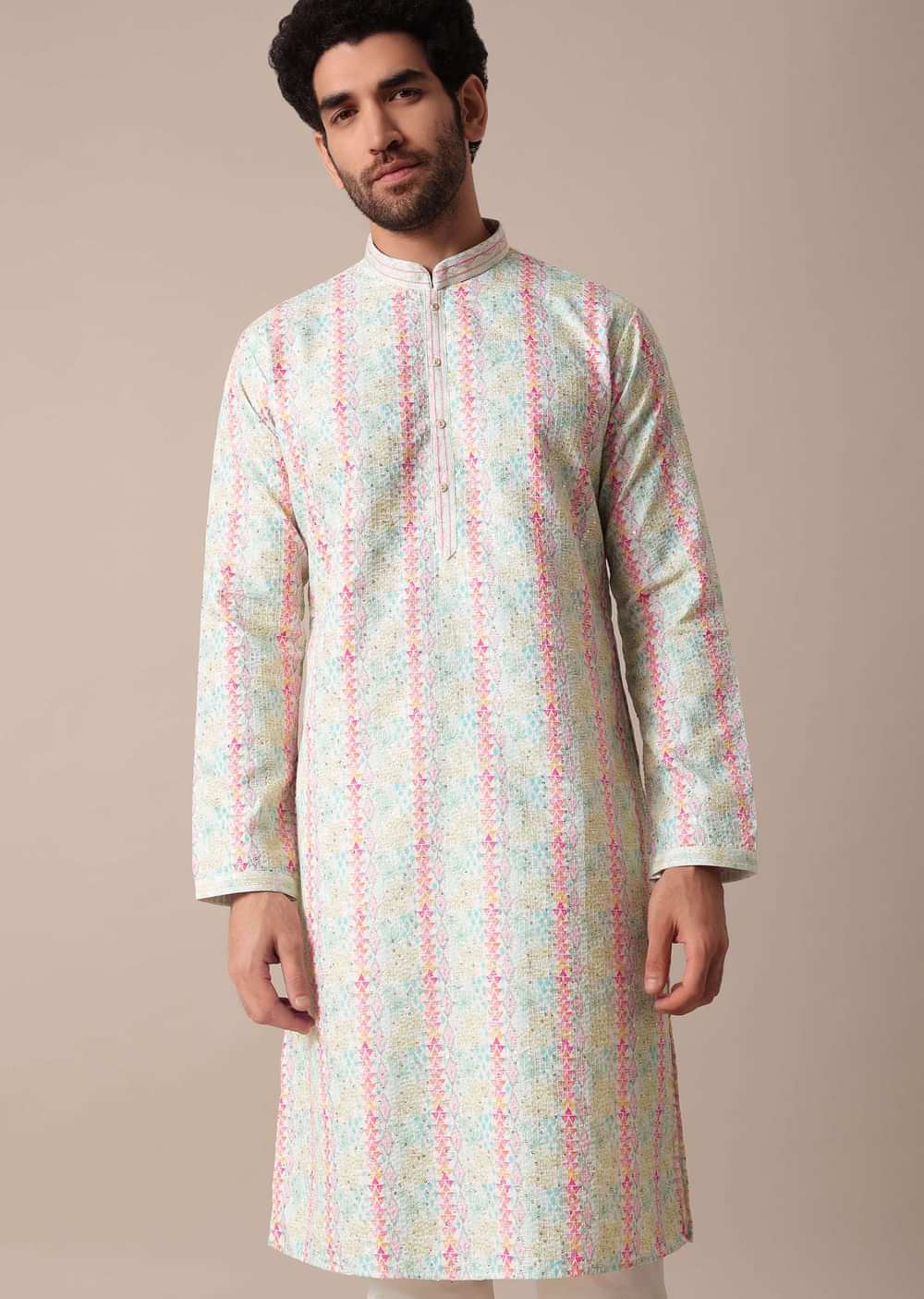 Multi-Colored Silk Kurta Set For Men