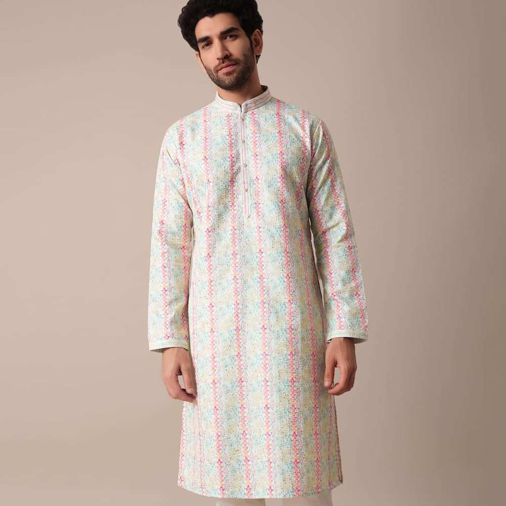 Multi-Colored Silk Kurta Set For Men
