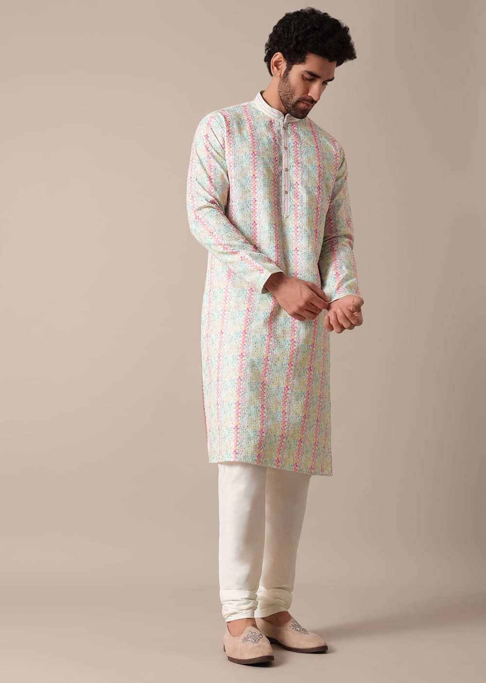 Multi-Colored Silk Kurta Set For Men