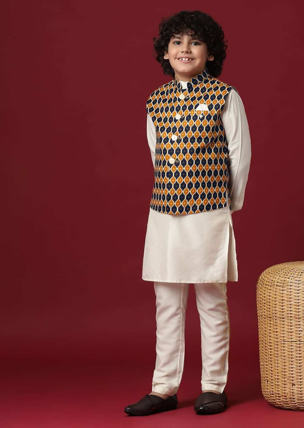 Multi Coloured Printed Jacket Kurta Set In Silk For Boys