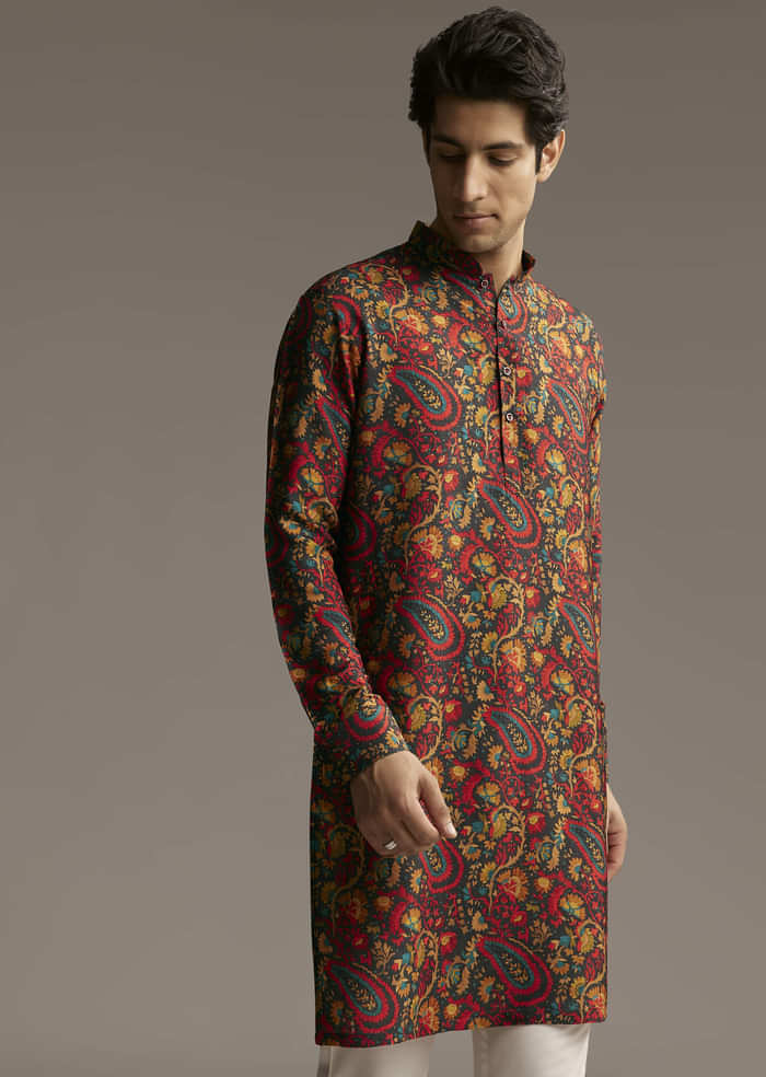 Multi Colour Silk Designer Kurta For Men With Paisley And Floral Print