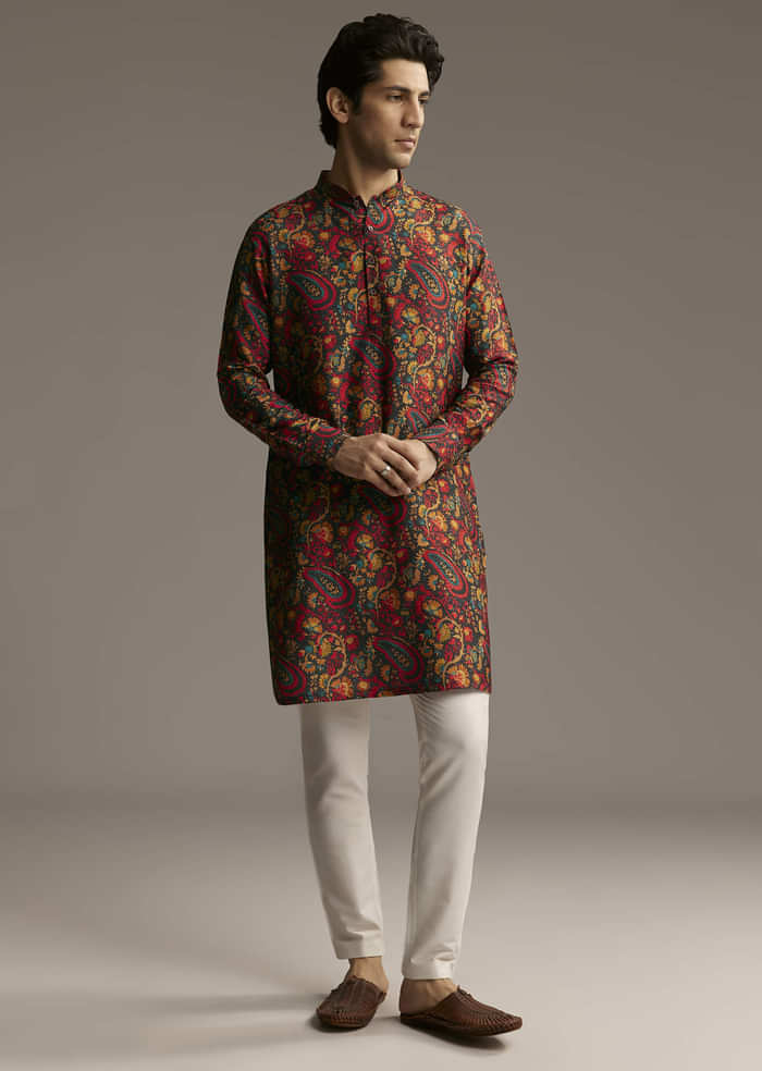 Multi Colour Silk Designer Kurta For Men With Paisley And Floral Print