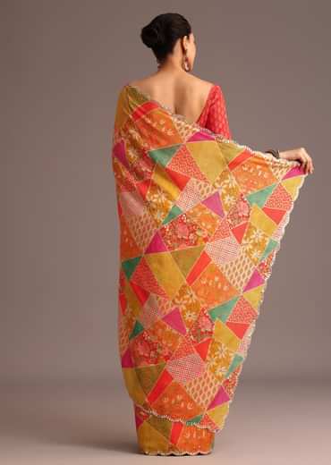 Multi Coloured Printed Muslin Saree With Unstitched Blouse