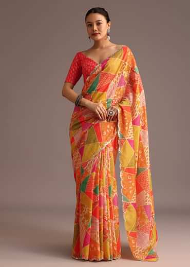 Multi Coloured Printed Muslin Saree With Unstitched Blouse