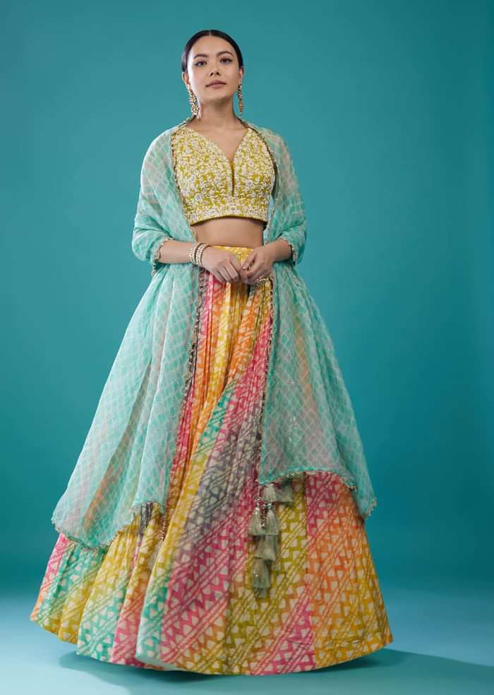 Multi-Coloured Embroidered Silk Leheriya Lehenga Set