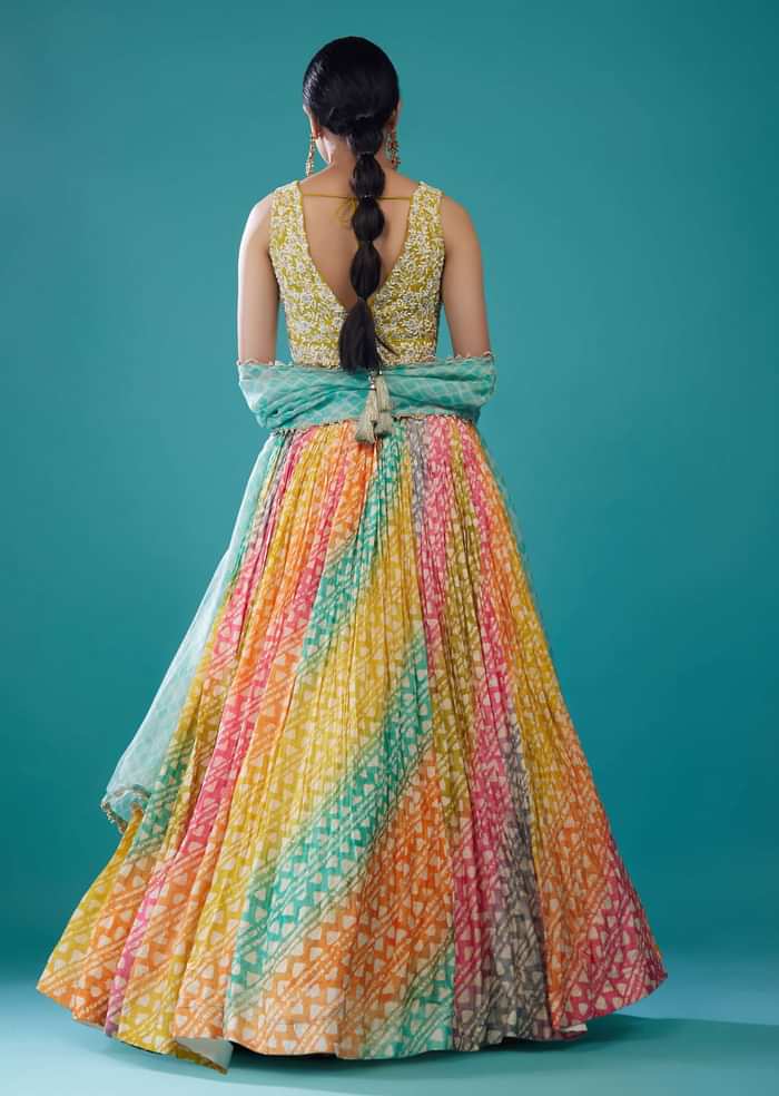 Multi-Coloured Embroidered Silk Leheriya Lehenga Set