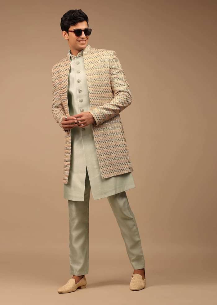 Multi-Coloured Sherwani With Scallop Embroidery