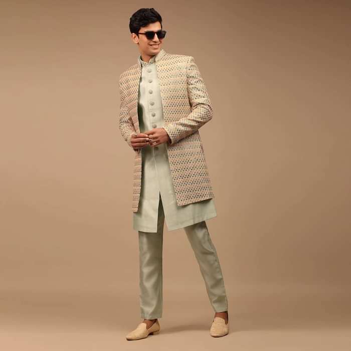 Multi-Coloured Sherwani With Scallop Embroidery