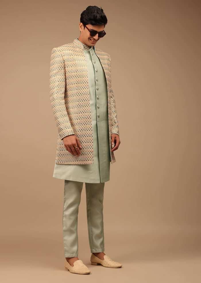 Multi-Coloured Sherwani With Scallop Embroidery