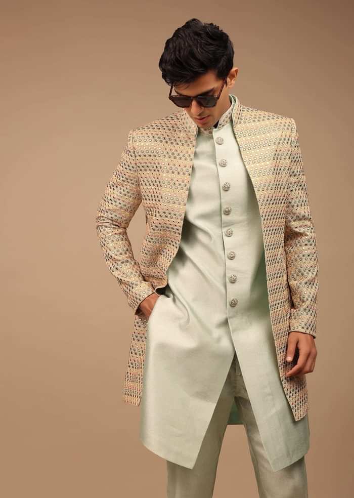 Multi-Coloured Sherwani With Scallop Embroidery