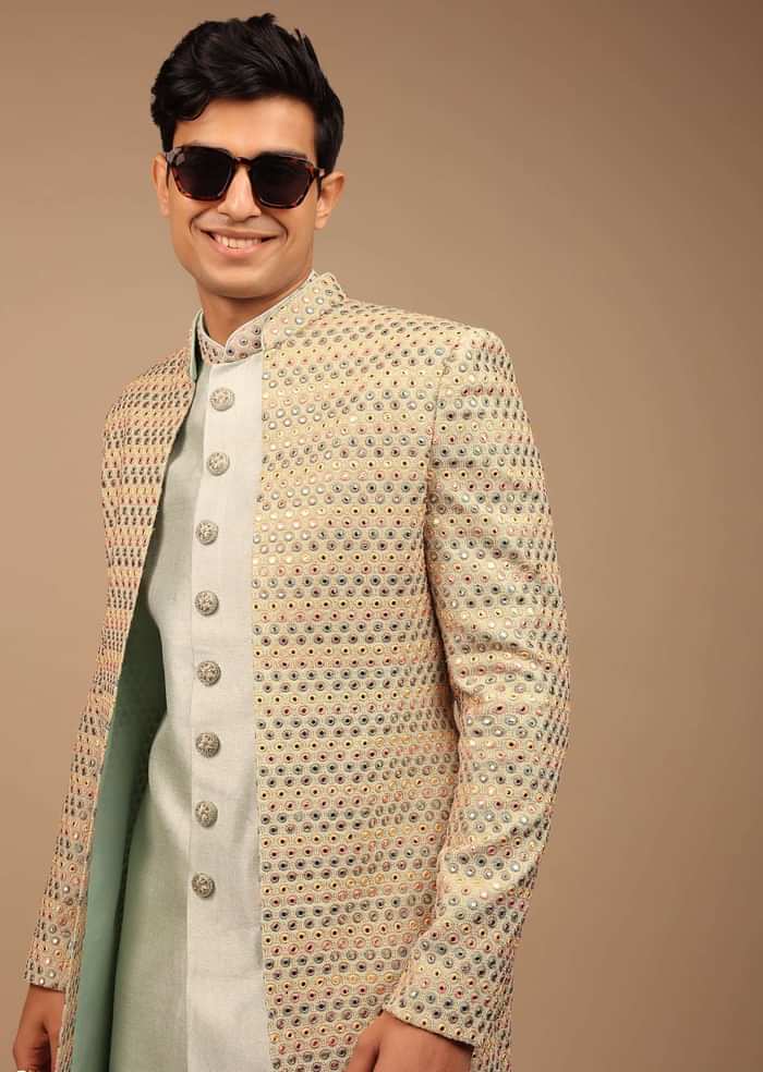 Multi-Coloured Sherwani With Scallop Embroidery