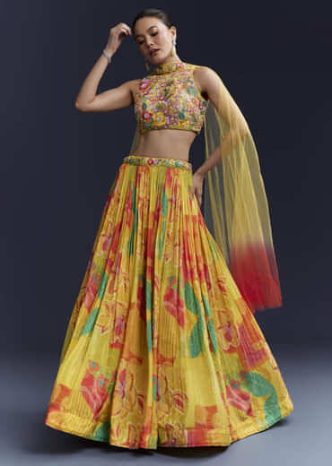 Multi Crepe Floral Print Bridesmaid Lehenga Set with Dupatta