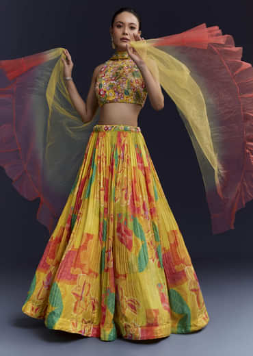 Multi Crepe Floral Print Bridesmaid Lehenga Set with Dupatta