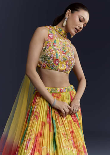 Multi Crepe Floral Print Bridesmaid Lehenga Set with Dupatta