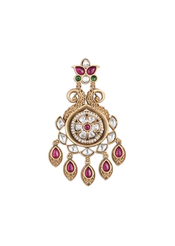 Gold Finish Temple Earrings With Meenakari Work And Floral Motifs