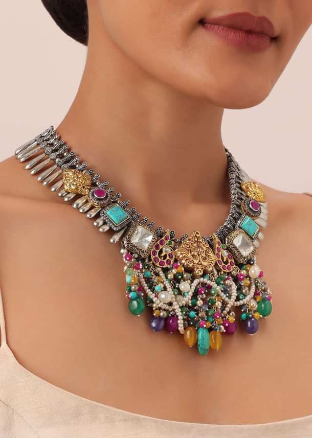 Multi Color Oxidised Kundan Necklace With Bead Drops Multi Color Oxidised Kundan Necklace With Bead Drops