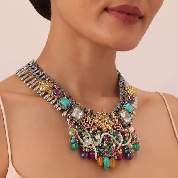 Multi Color Oxidised Kundan Necklace With Bead Drops Multi Color Oxidised Kundan Necklace With Bead Drops