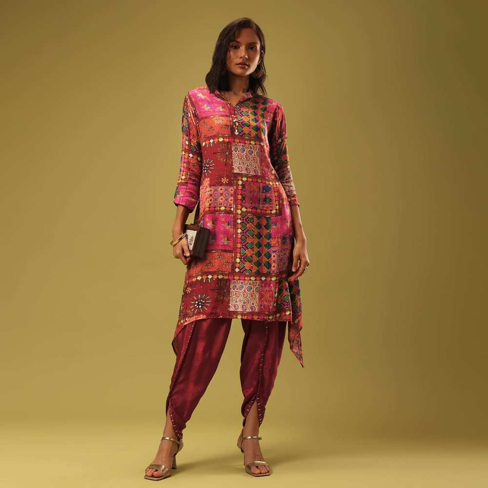 Multi Color Printed Kurti And Dhoti Set In Satin