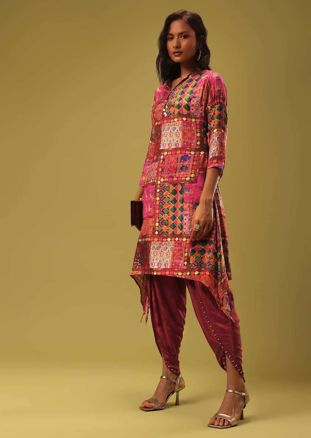 Multi Color Printed Kurti And Dhoti Set In Satin