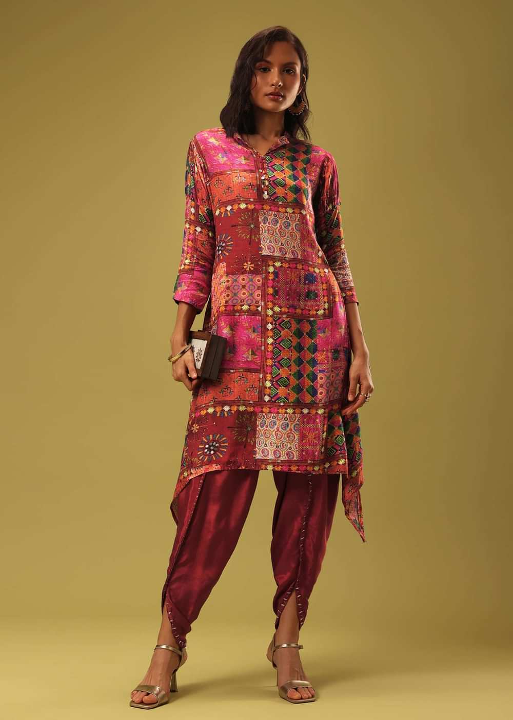 Multi Color Printed Kurti And Dhoti Set In Satin