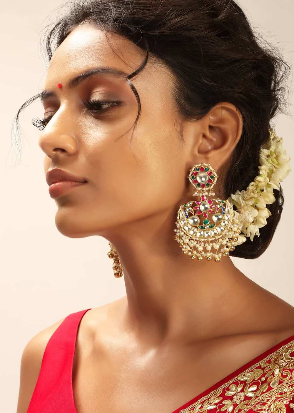 Multi Colored Jadau Earrings With Paachi Kundan Work And Semi Precious Stone