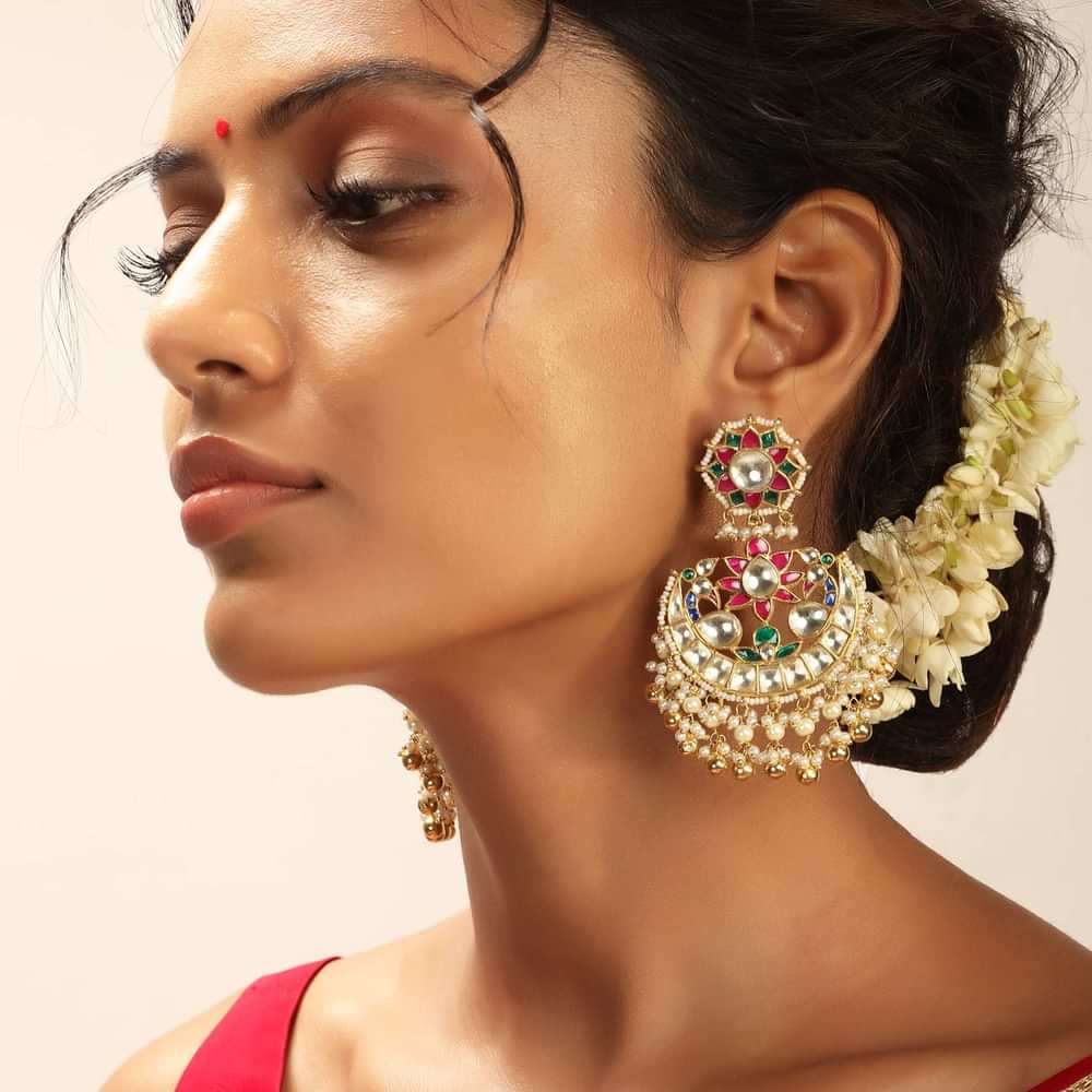 Multi Colored Jadau Earrings With Paachi Kundan Work And Semi Precious Stone
